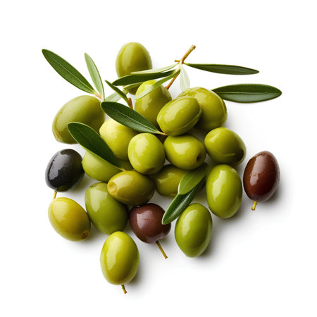 Green and black olives with leaves isolated on white background, top viewの素材