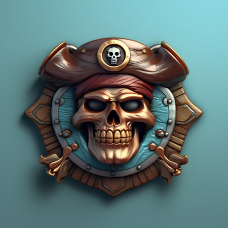 Pirate skull in a shield. 3d illustration, 3d renderingの素材