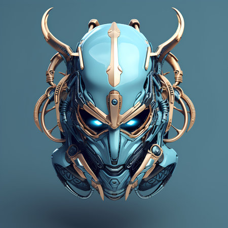 Cyborg helmet with horns on a blue background. 3d renderingの素材
