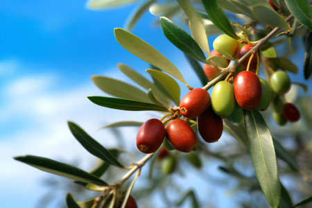 Olive branch with ripe olives on blue sky background, closeupの素材