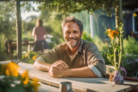Portrait of senior man sitting at table in garden and smiling.の素材