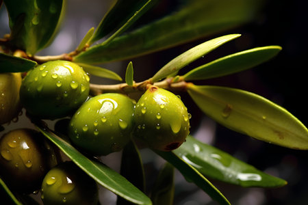 Green olives on a branch with leaves and drops of dewの素材