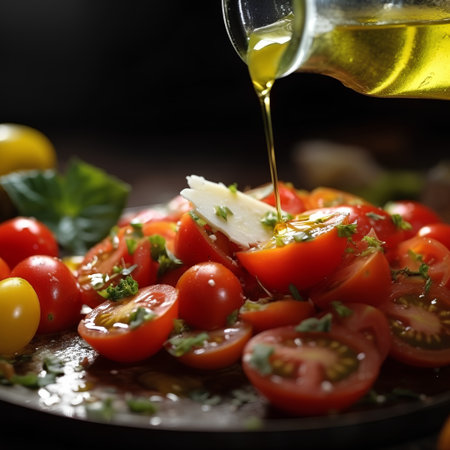 Pouring olive oil into tomato salad, selective focus, shallow DOFの素材
