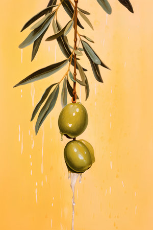 Olive branch with green olives and drops of water on itの素材