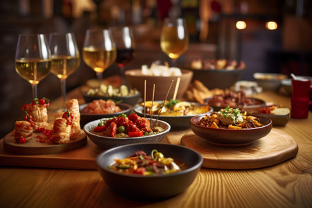 Assorted appetizers on a wooden background. Selective focus.の素材