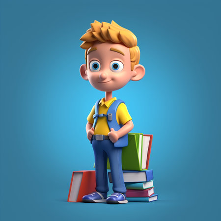 Cute school boy with backpack and books on blue background. 3d illustrationの素材