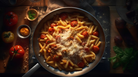 Pasta with tomato sauce and parmesan cheese in a panの素材