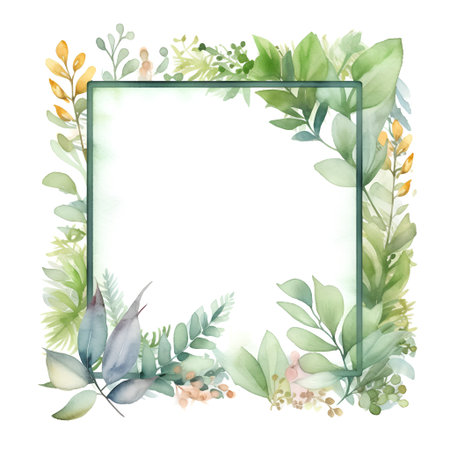 Watercolor frame with green leaves and branches, hand painted on a white backgroundの素材