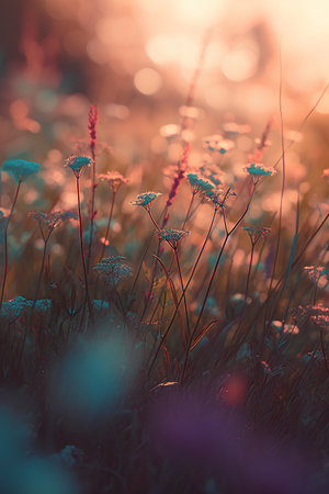 Beautiful wildflowers in meadow at sunset. Nature backgroundの素材