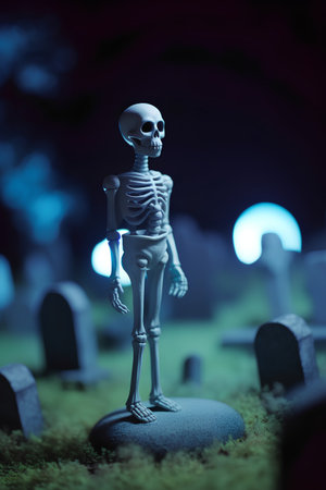 Skeleton standing on stone in cemetery. Halloween concept. 3D Renderingの素材