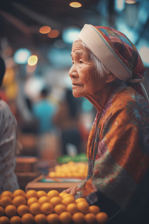 Vietnamese elderly woman selling fruits at a market in Vietnam.の素材