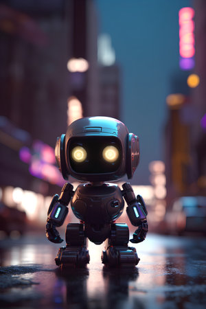 3D rendering of a robot on a city street at night.の素材
