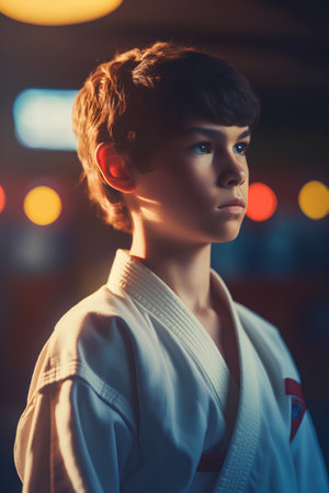 Portrait of a young boy in a kimono. Karate.の素材