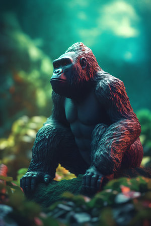 Gorilla sitting on a rock in the forest. 3d renderingの素材