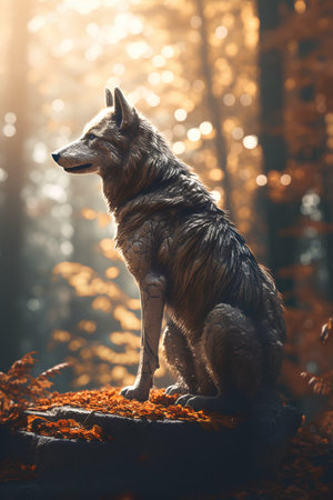 Wolf in the autumn forest with fallen leaves. 3d rendering.の素材