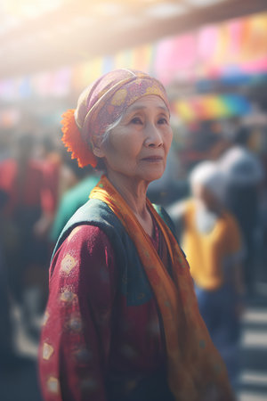 Vietnamese senior woman in traditional clothes at the street market.の素材