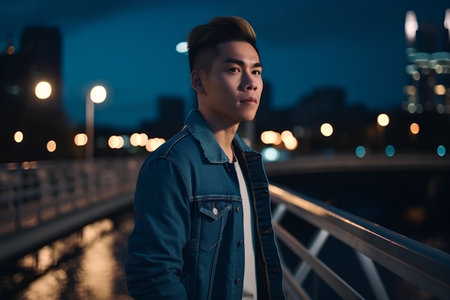 Portrait of a handsome asian man in the city at nightの素材