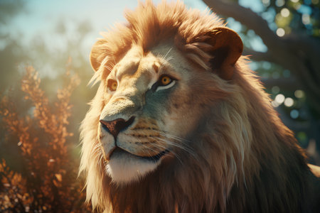 Portrait of a male lion in the nature. Vintage style.の素材