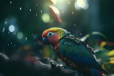 Colorful macaw parrot sitting on a branch in the rainの素材