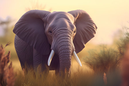 African elephant in the savannah at sunset. Wildlife scene from Africa.の素材