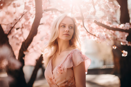 Portrait of a beautiful girl in a pink dress on a background of cherry blossomsの素材