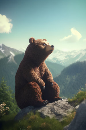 Brown bear sitting on a rock in the mountains. 3d renderingの素材