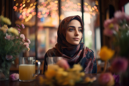 Portrait of beautiful muslim woman in hijab sitting in cafe.の素材