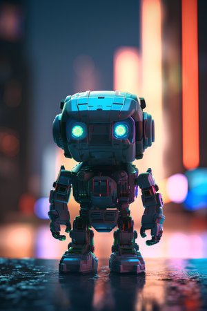 3D rendering of a robot on the background of the night cityの素材