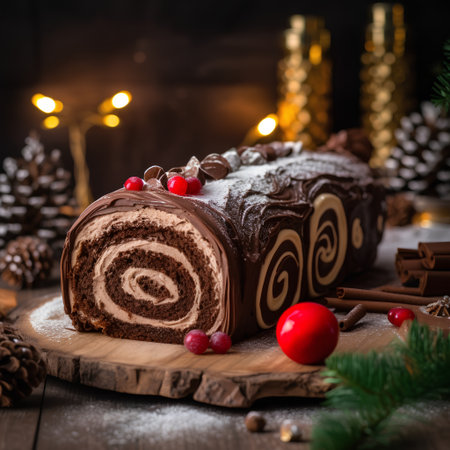 Chocolate roll with cream and marzipan on a wooden backgroundの素材