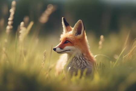 Red fox in the grass in the morning light. Portrait of a wild animal.の素材