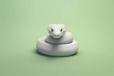 White snake on a green background. 3d rendering. Computer digital drawing.の素材