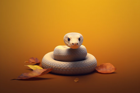 Cute snake with autumn leaves on orange background. 3d renderingの素材