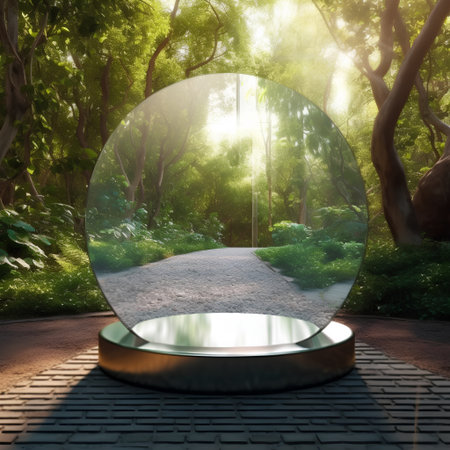 Round glass ball in the park. 3d render. Conceptual image.の素材