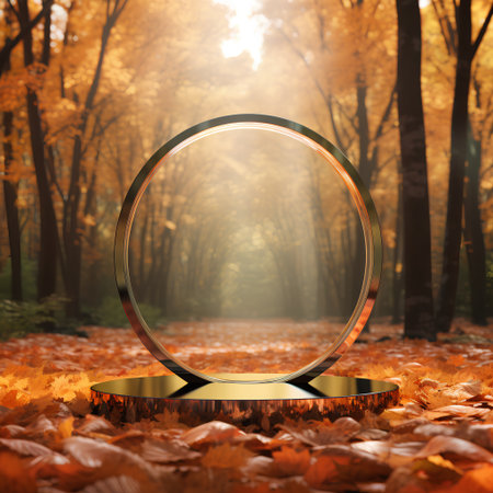 Autumn scene with empty round podium in the forest. 3d renderの素材