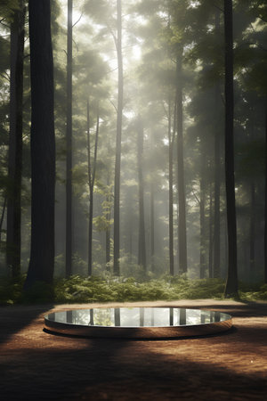 Wooden floor in the misty forest. 3D rendering.の素材