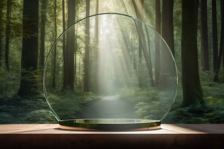 Empty round glass showcase on wooden table in green forest. 3D Renderingの素材