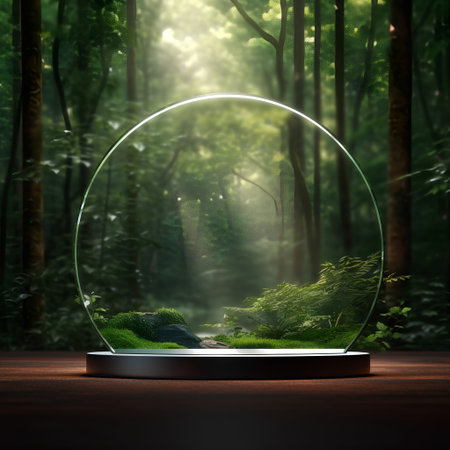 3d render of glass sphere in the forest. 3d illustrationの素材