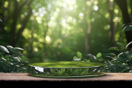 Green glass podium on wooden table in green forest. 3d renderの素材