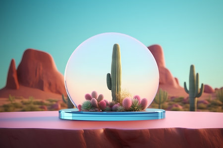 crystal ball with cactus in the desert, 3d renderの素材