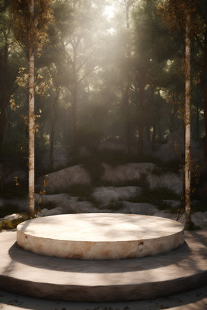 3d render of a round podium in the forest. Platform for design.の素材