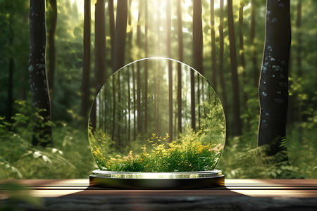 Glass sphere with grass and flowers in the forest. 3d renderの素材