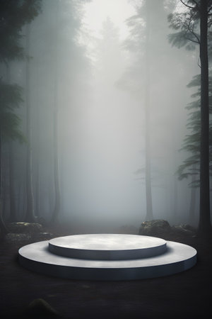 Empty podium in the dark forest with fog. 3D Renderingの素材