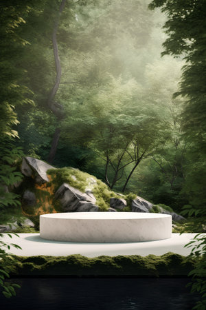 3d rendering of a stone podium in a green summer forest.の素材