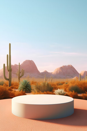 Round podium in desert with cactuses and mountains. 3d renderの素材