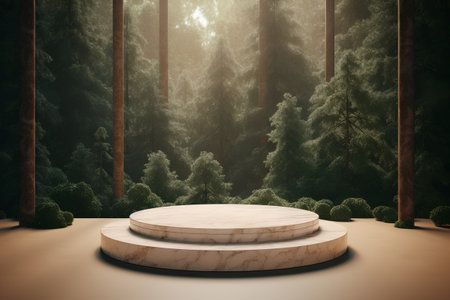 Wooden podium in the forest. 3d rendering mock up.の素材