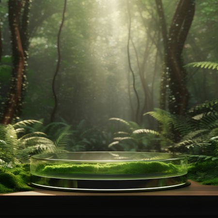 3d render of green podium for product display in the forest.の素材