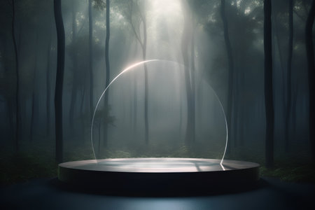 3D render of a dark fantasy forest scene with a round podiumの素材