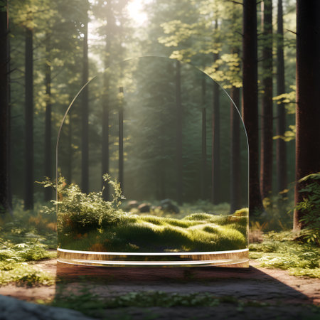 Empty glass showcase in the forest. 3D Rendering mock upの素材