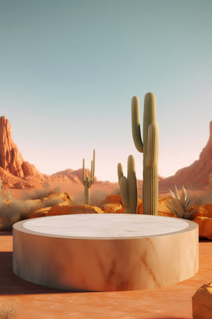 Round podium with cactuses in the desert. 3d renderの素材