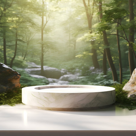 3d render of marble pedestal in the forest. Abstract background.の素材